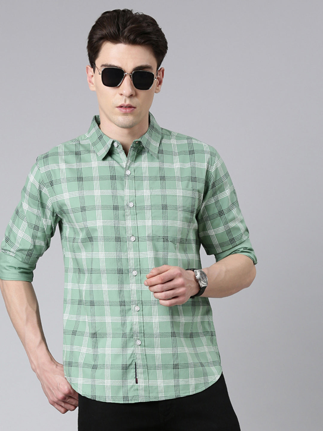 Green Checked Pure Cotton Full Sleeve Shirt