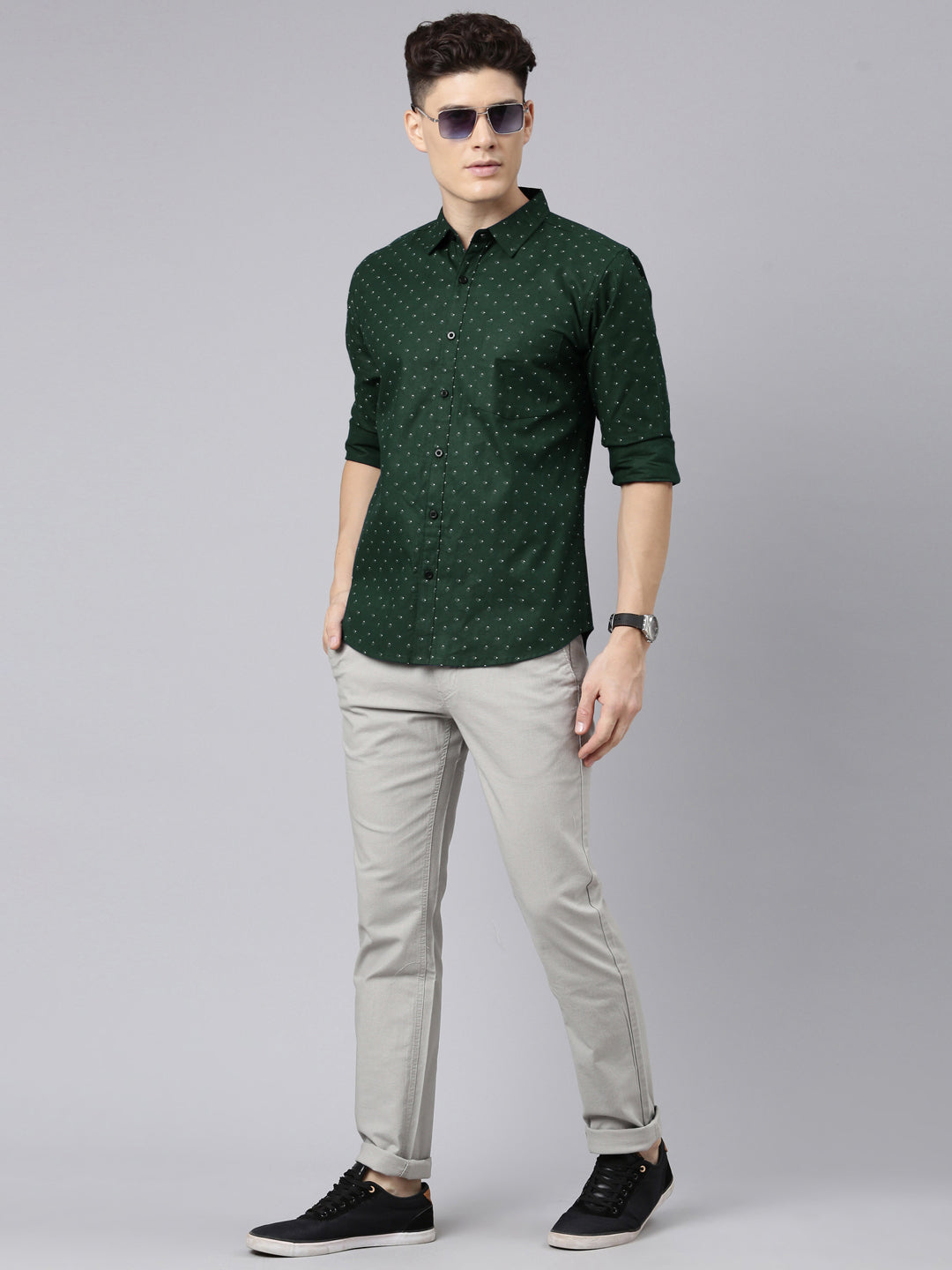 Men Dark Green Printed Pure Cotton Full Sleeve Casual Shirt