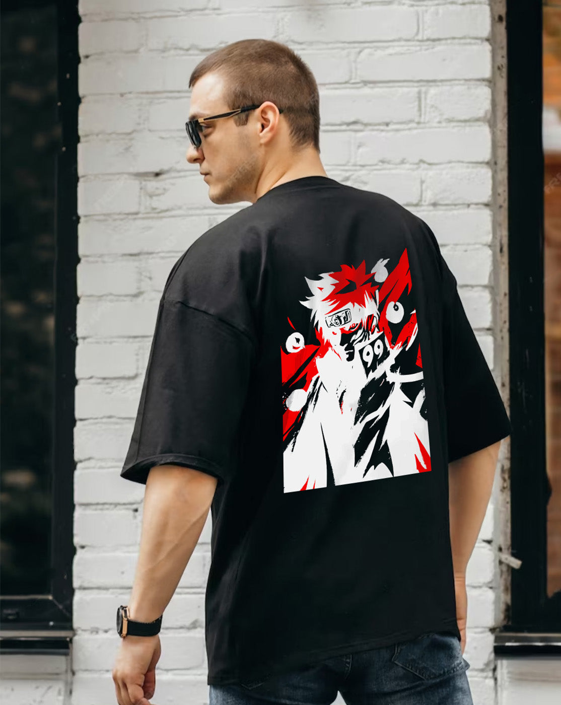 Broon Men Black Printed Oversize Round Neck T-Shirt