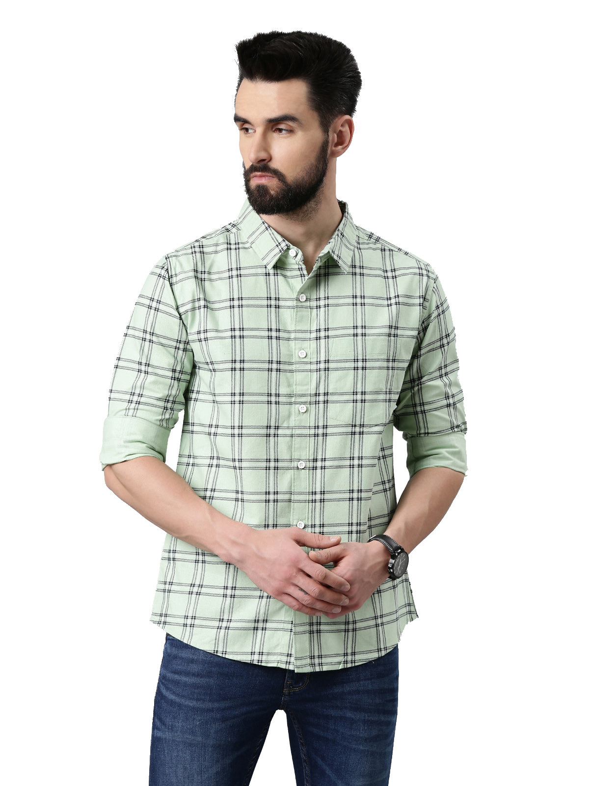 Green Checked Pure Cotton Casual Full Sleeve Shirt