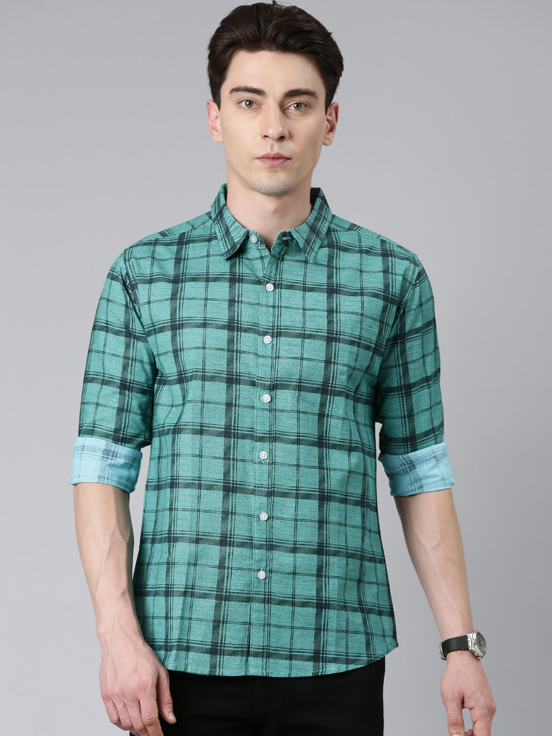 Green Checkered Pure Cotton Full Sleeve Shirt