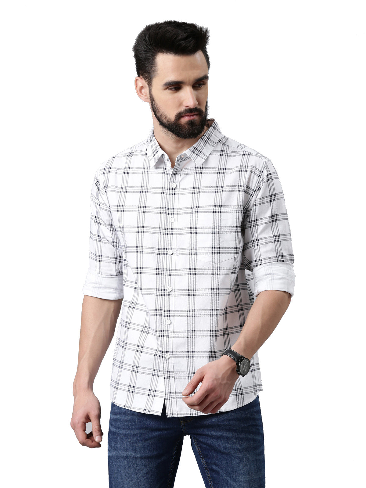 White Checked Pure Cotton Casual Full Sleeve Shirt