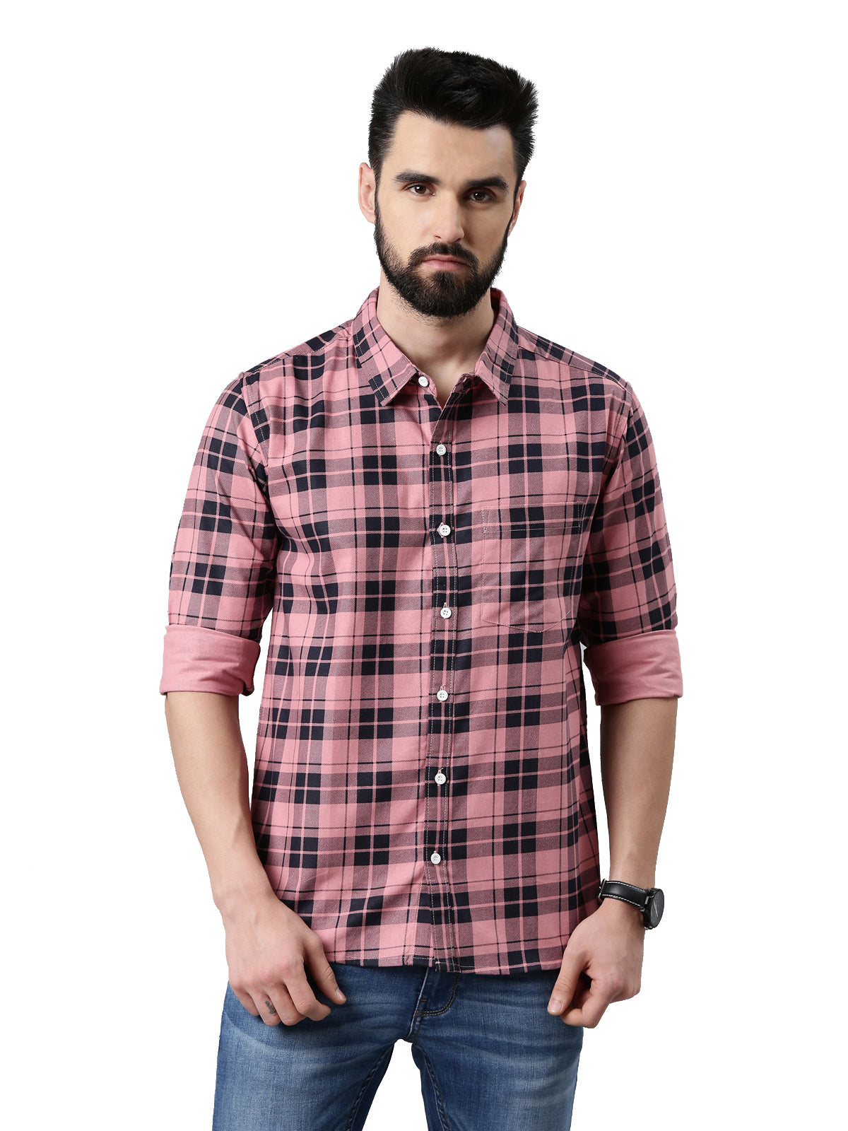 Pink Checked Pure Cotton Casual Full Sleeve Shirt