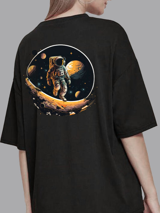 Broon Women Printed Oversize Round Neck Black T-Shirt