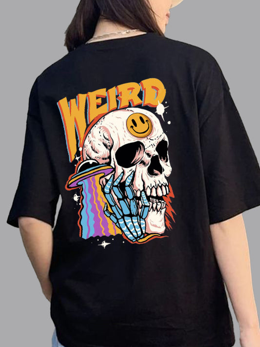 Broon Women Printed Oversize Round Neck Black T-Shirt