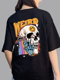 Broon Women Printed Oversize Round Neck Black T-Shirt