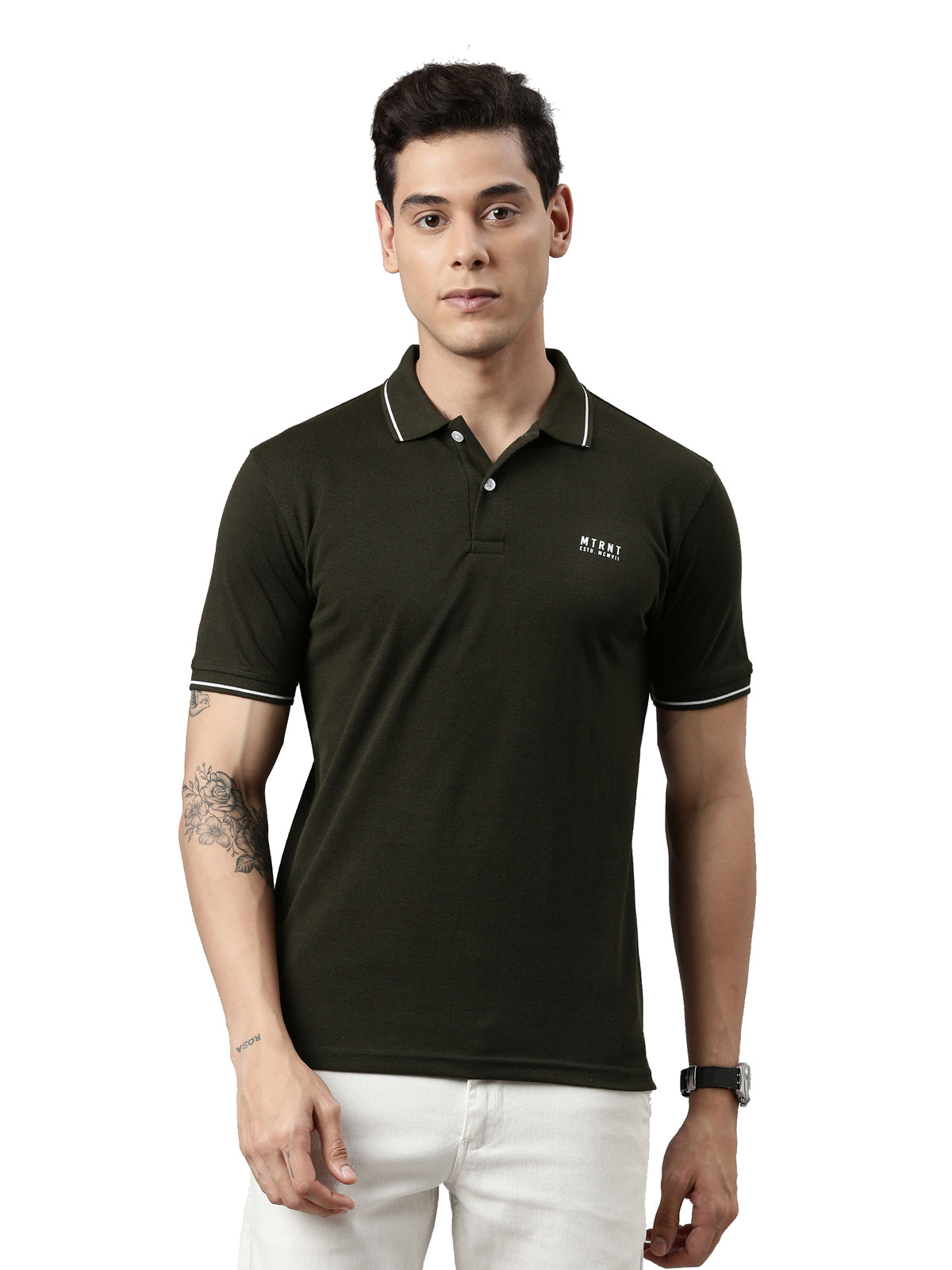 Men Solid Polo Collar Olive T-shirt