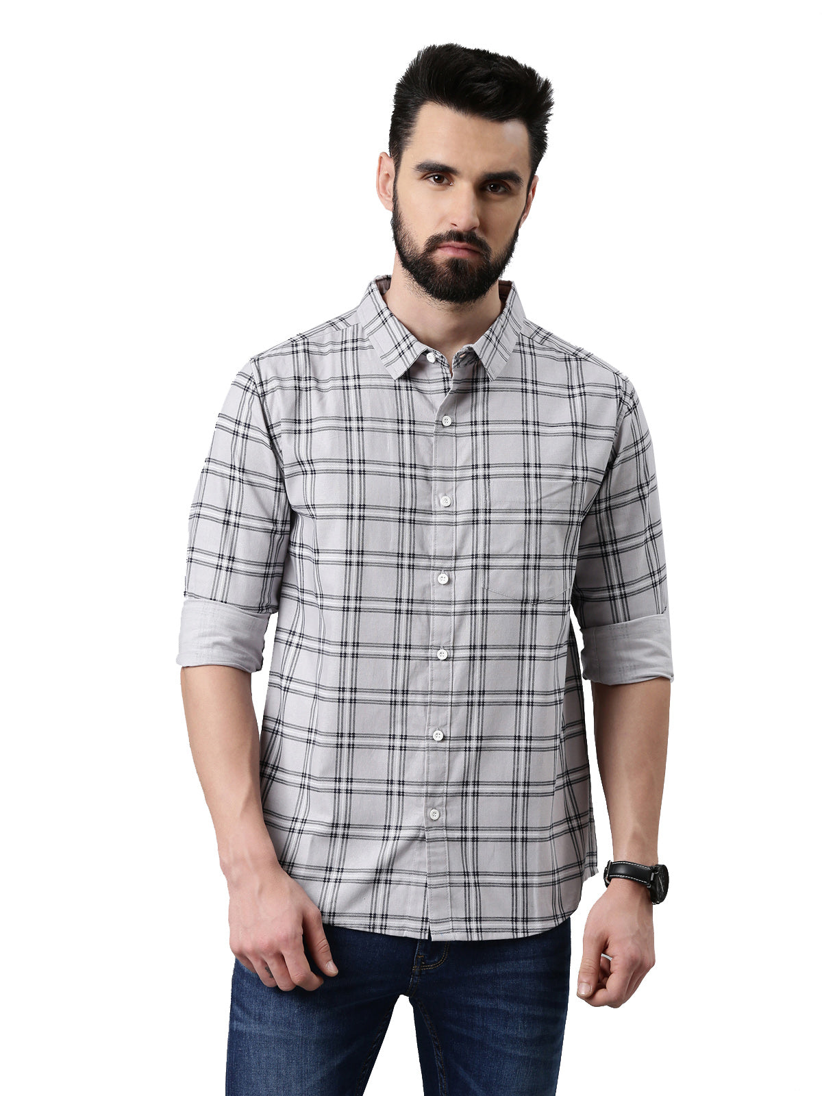 Grey Melange Checked Pure Cotton Casual Full Sleeve Shirt