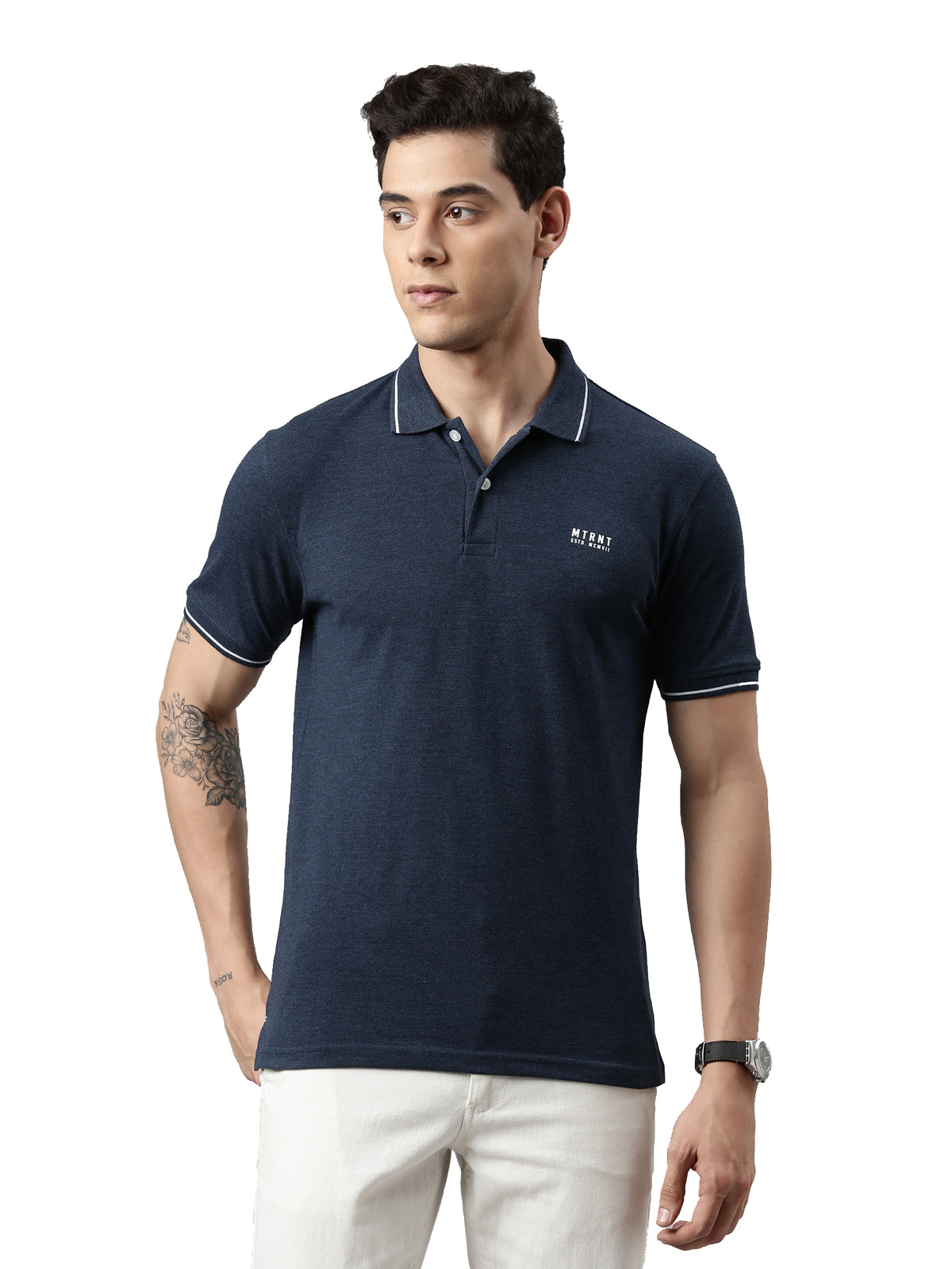 Men Solid Polo Collar Denim Blue T-shirt