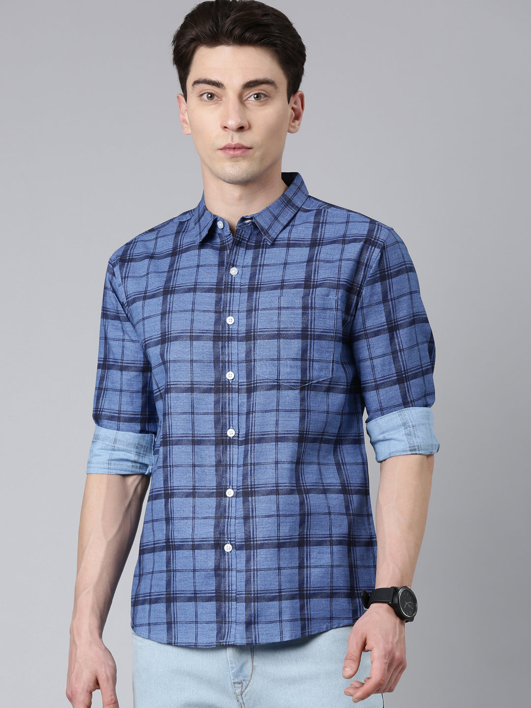 Blue Checkered Pure Cotton Full Sleeve Shirt