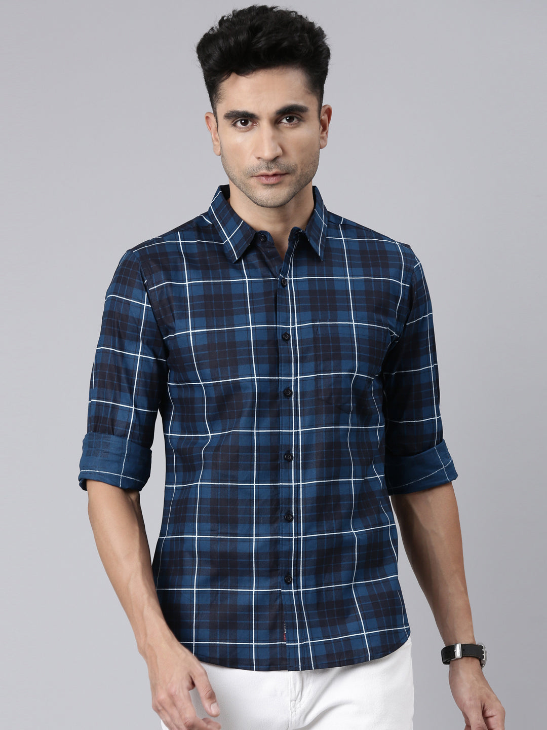 Men Navy Blue Printed Pure Cotton Full Sleeve Casual Shirt