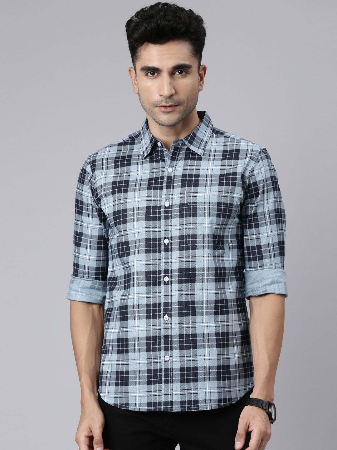 Men Light Blue Printed Pure Cotton Full Sleeve Casual Shirt