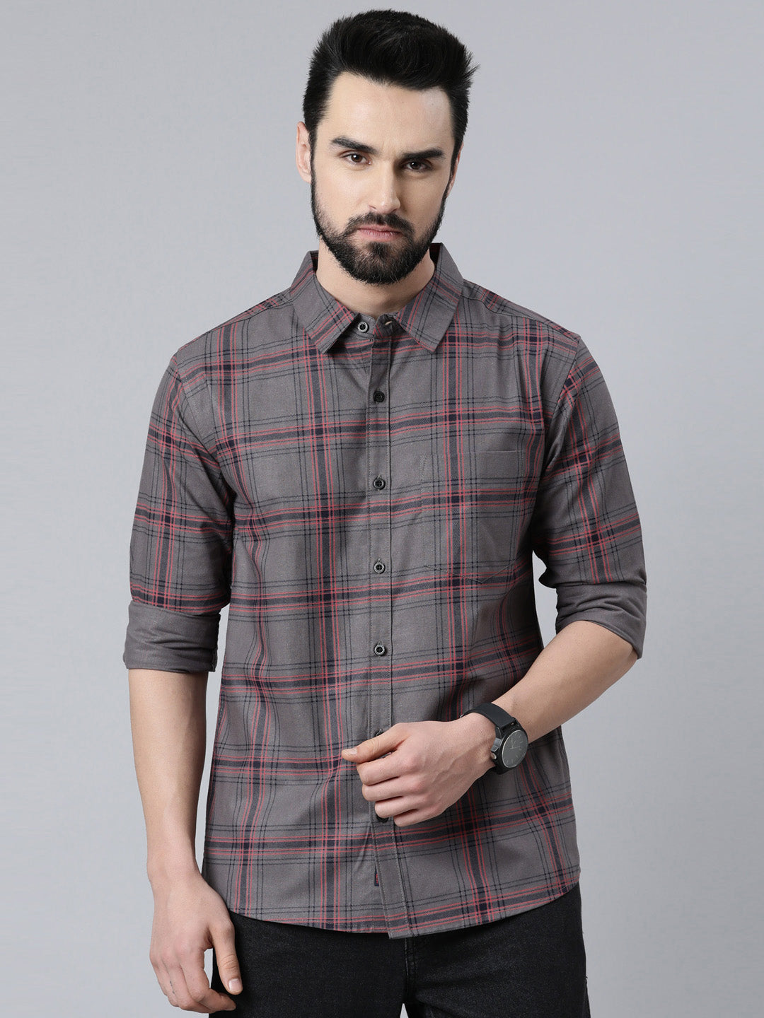 Grey Checked Pure Cotton Full Sleeve Shirt