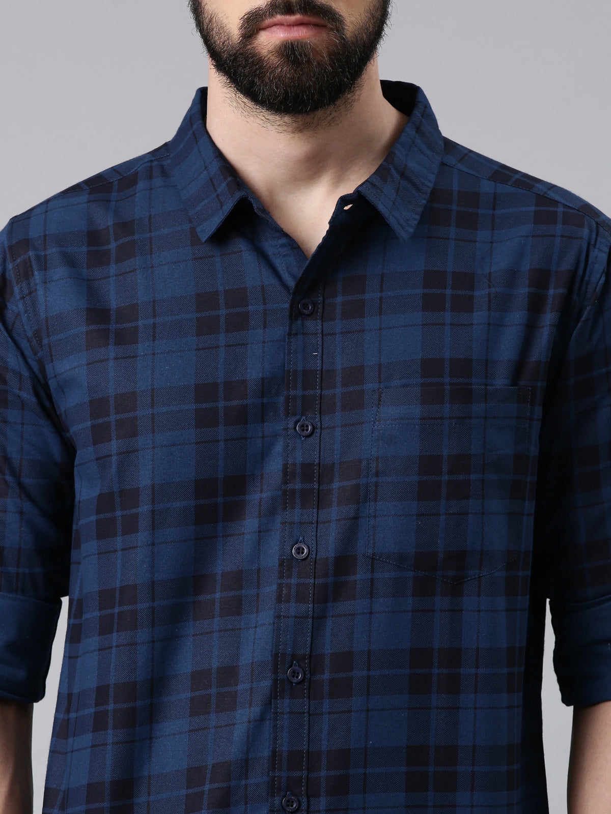 Dark Blue Checked Pure Cotton Casual Full Sleeve Shirt