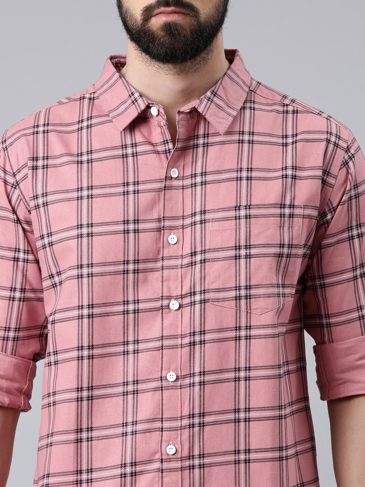 Pink Checked Pure Cotton Casual Full Sleeve Shirt