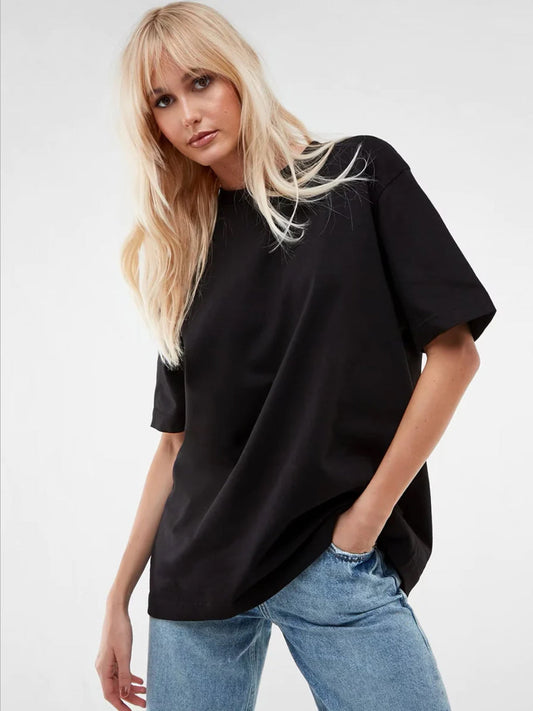 Broon Women Printed Oversize Round Neck Black T-Shirt