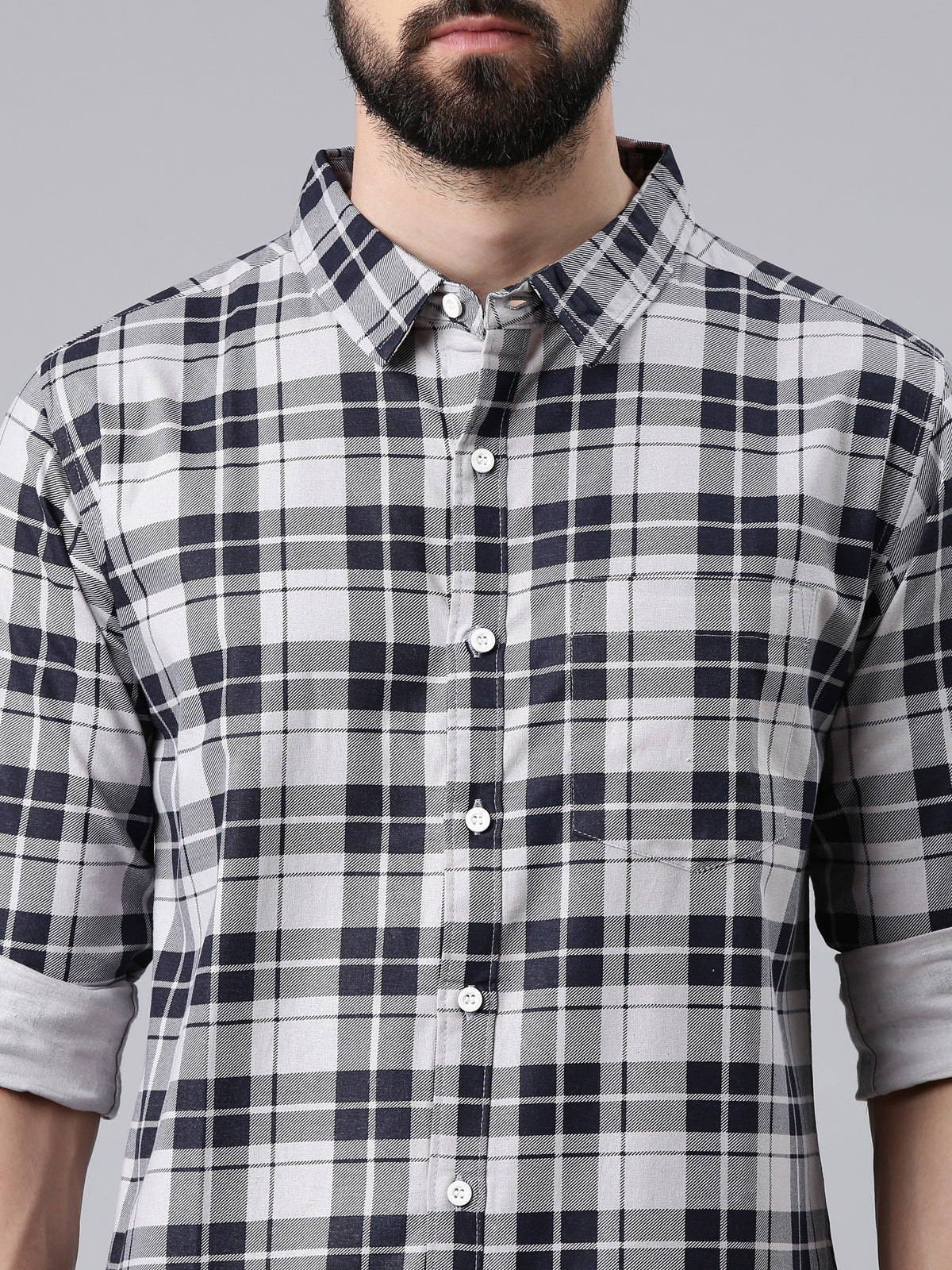 Grey Checked Pure Cotton Casual Full Sleeve Shirt
