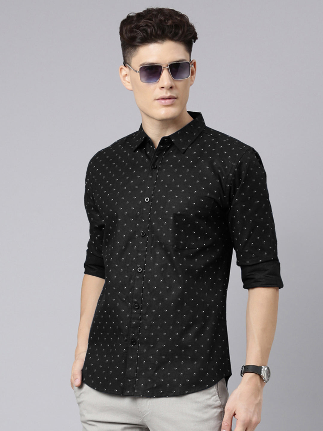 Men Black Printed Pure Cotton Full Sleeve Casual Shirt