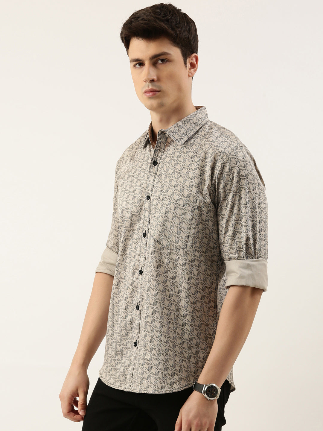 Men Beige Printed Pure Cotton Full Sleeve Casual Shirt