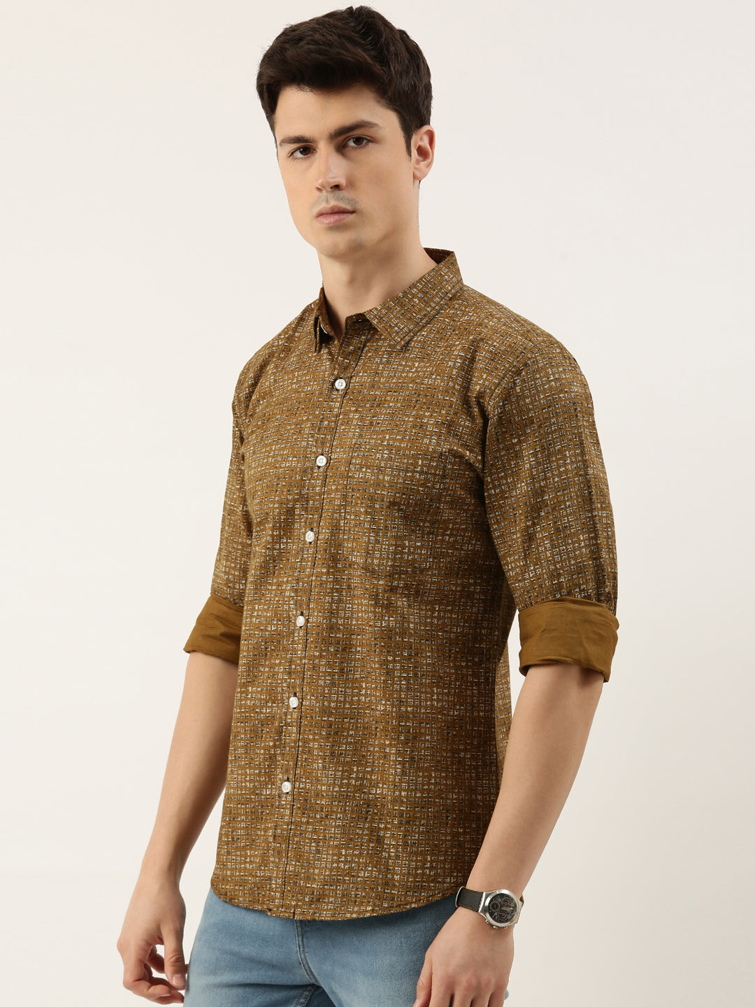 Men Brown Printed Pure Cotton Full Sleeve Casual Shirt
