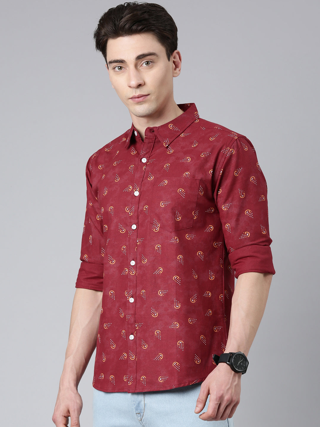 Maroon printed Pure Cotton Full Sleeve Shirt