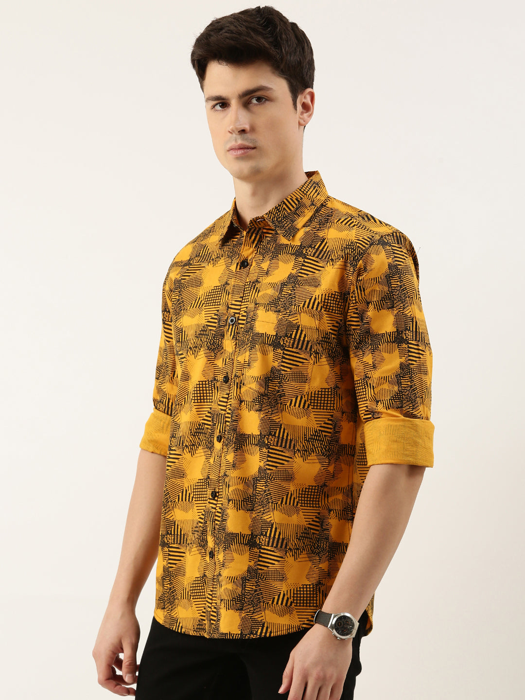 Men Yellow Printed Pure Cotton Full Sleeve Casual Shirt