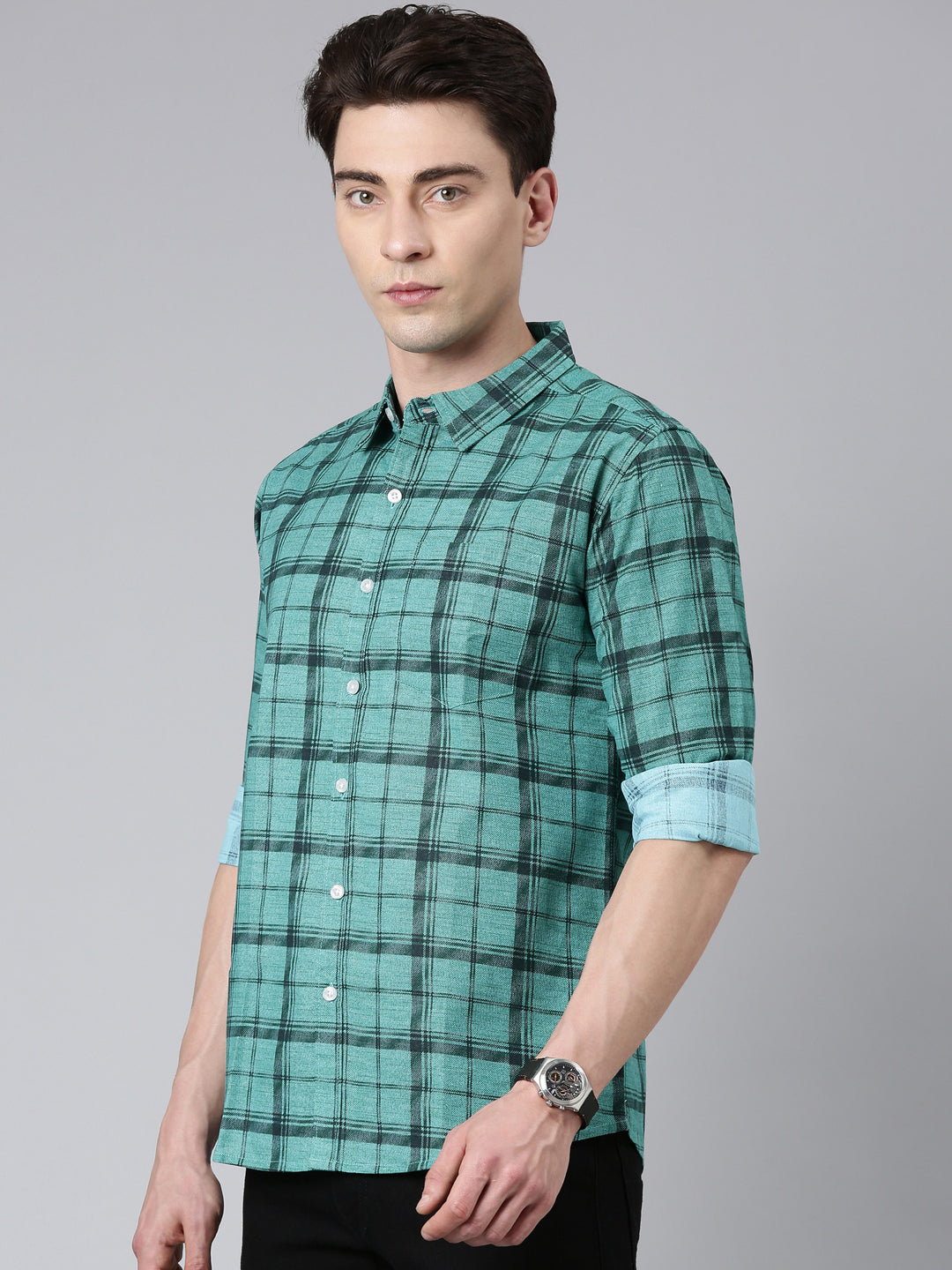 Green Checkered Pure Cotton Full Sleeve Shirt
