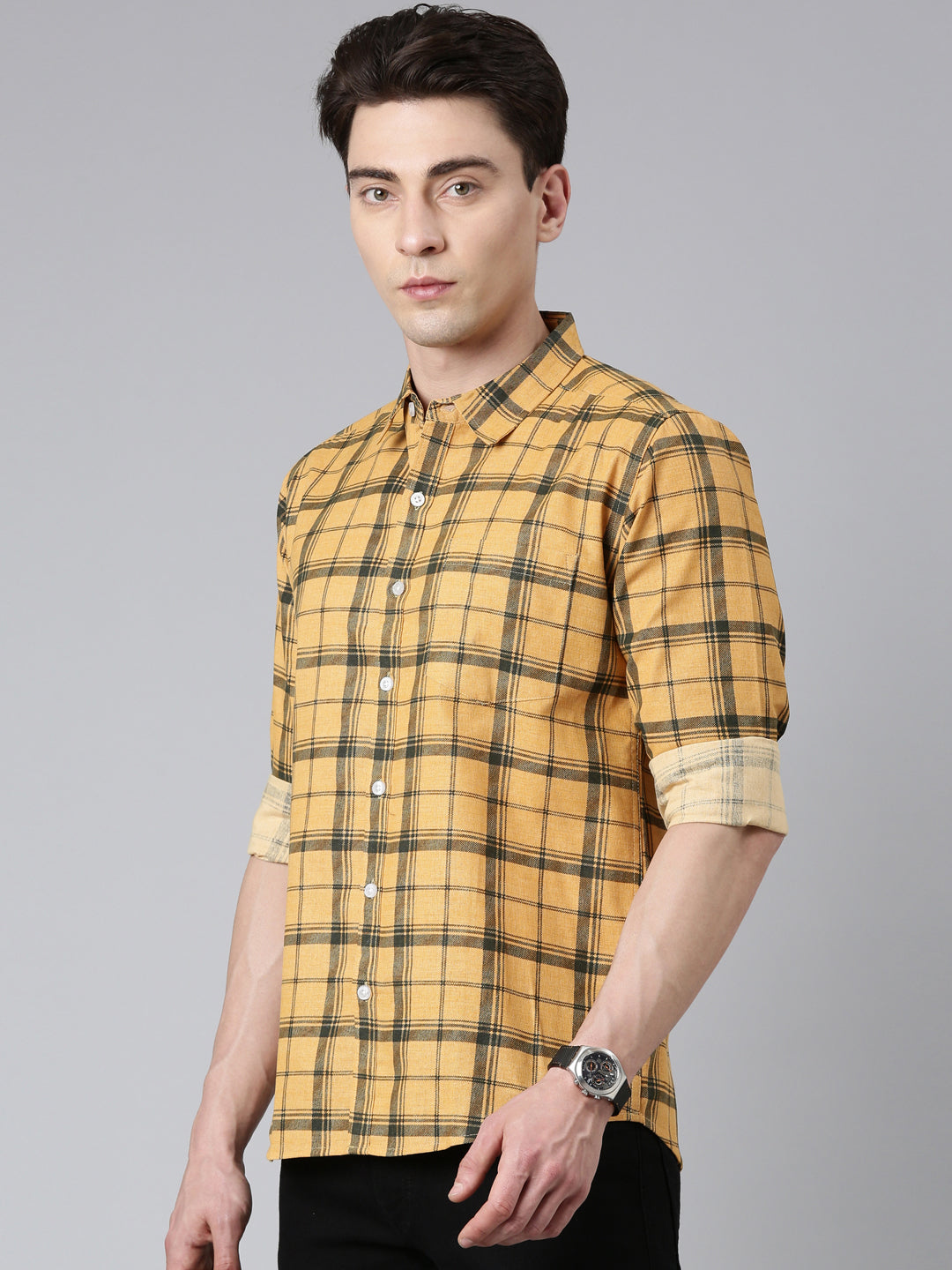 Yellow Checkered Pure Cotton Full Sleeve Shirt