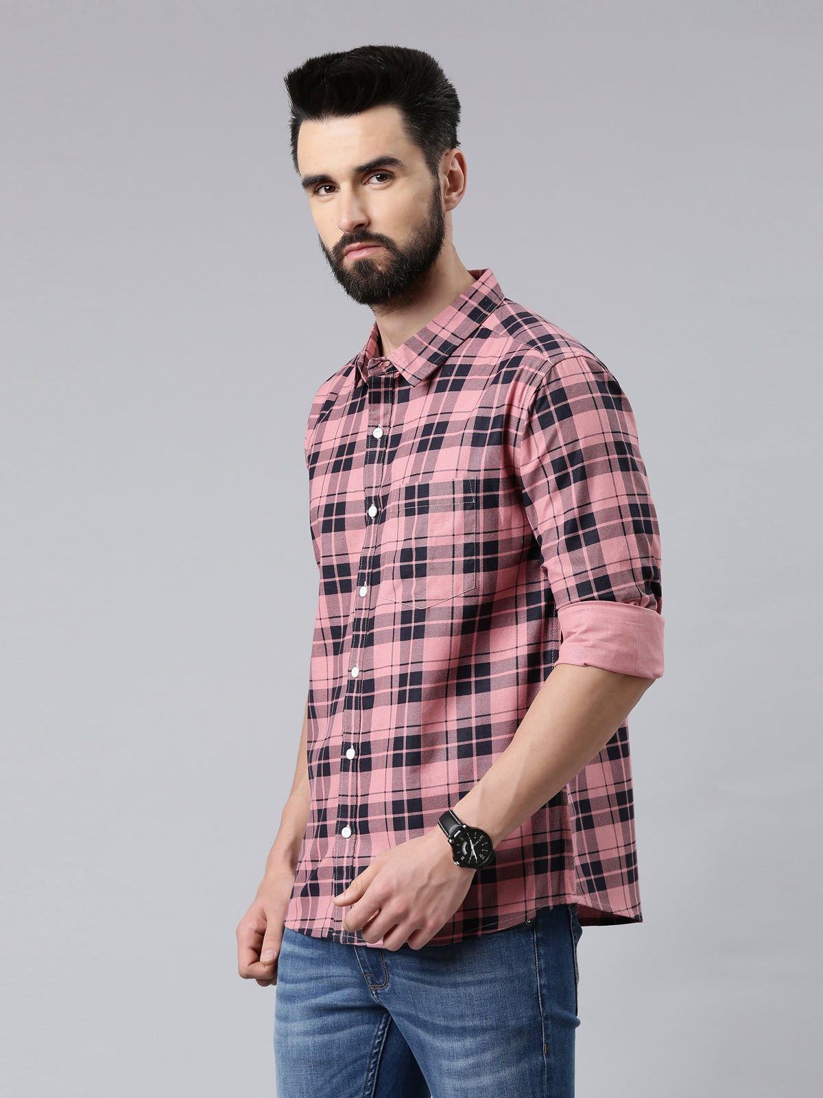 Pink Checked Pure Cotton Casual Full Sleeve Shirt
