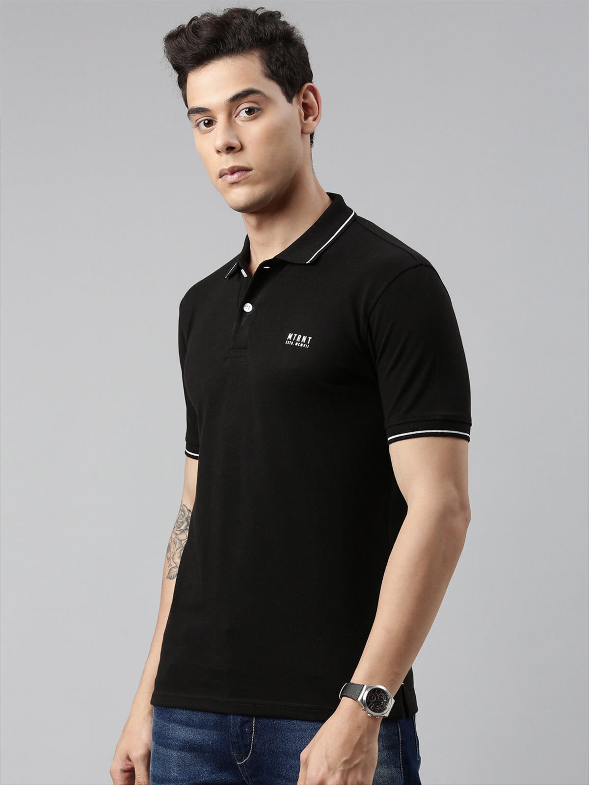 Men Solid Polo Collar Black T-shirt