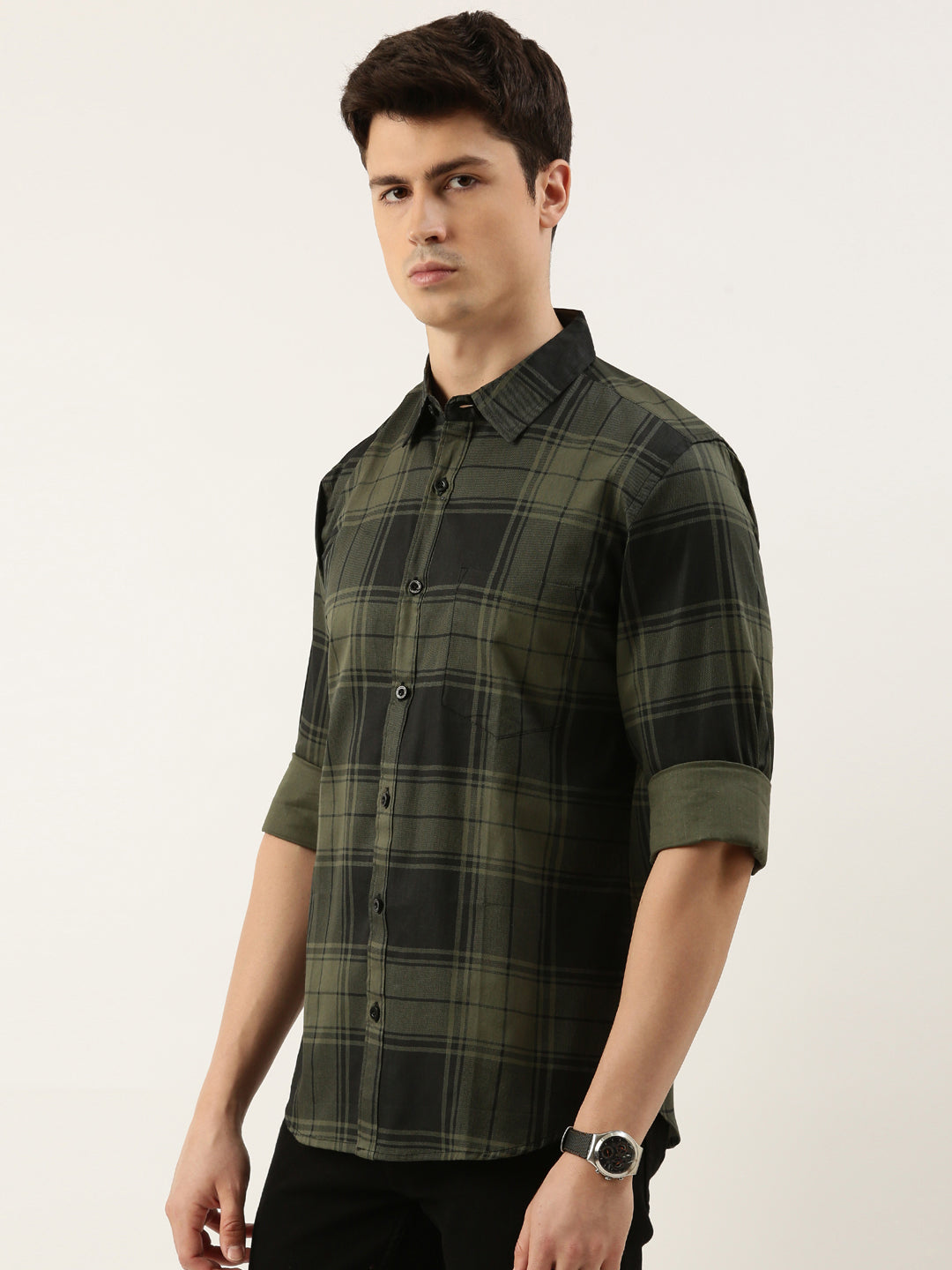 Men Olive and Black Checked Pure Cotton Full Sleeve Casual Shirt