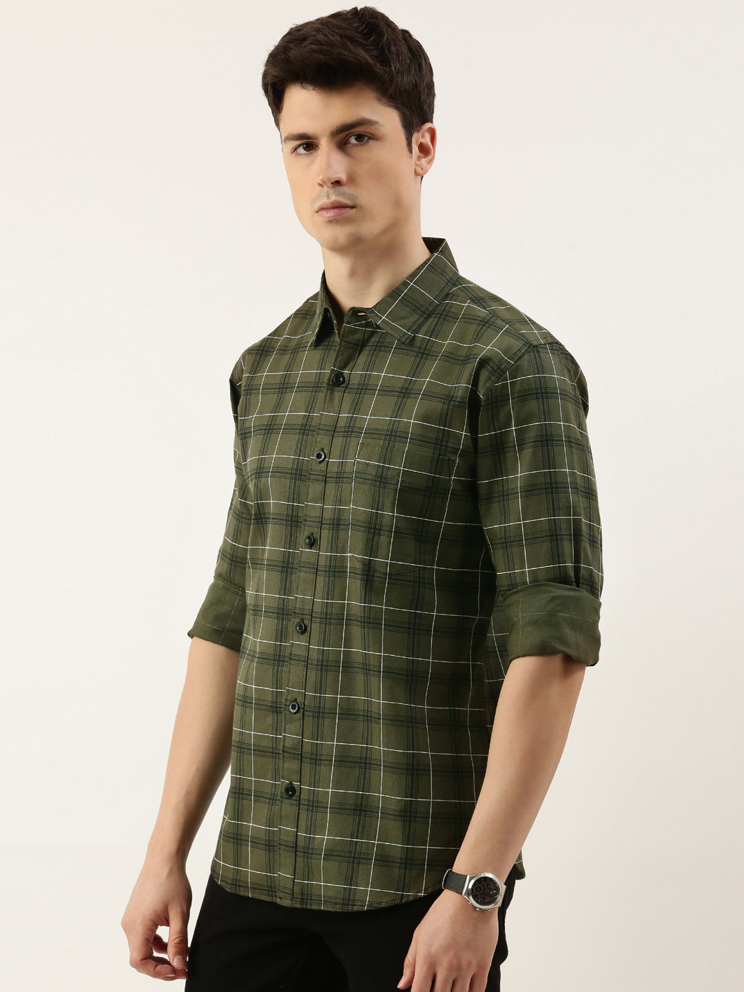 Men Olive Green Checked Pure Cotton Full Sleeve Casual Shirt