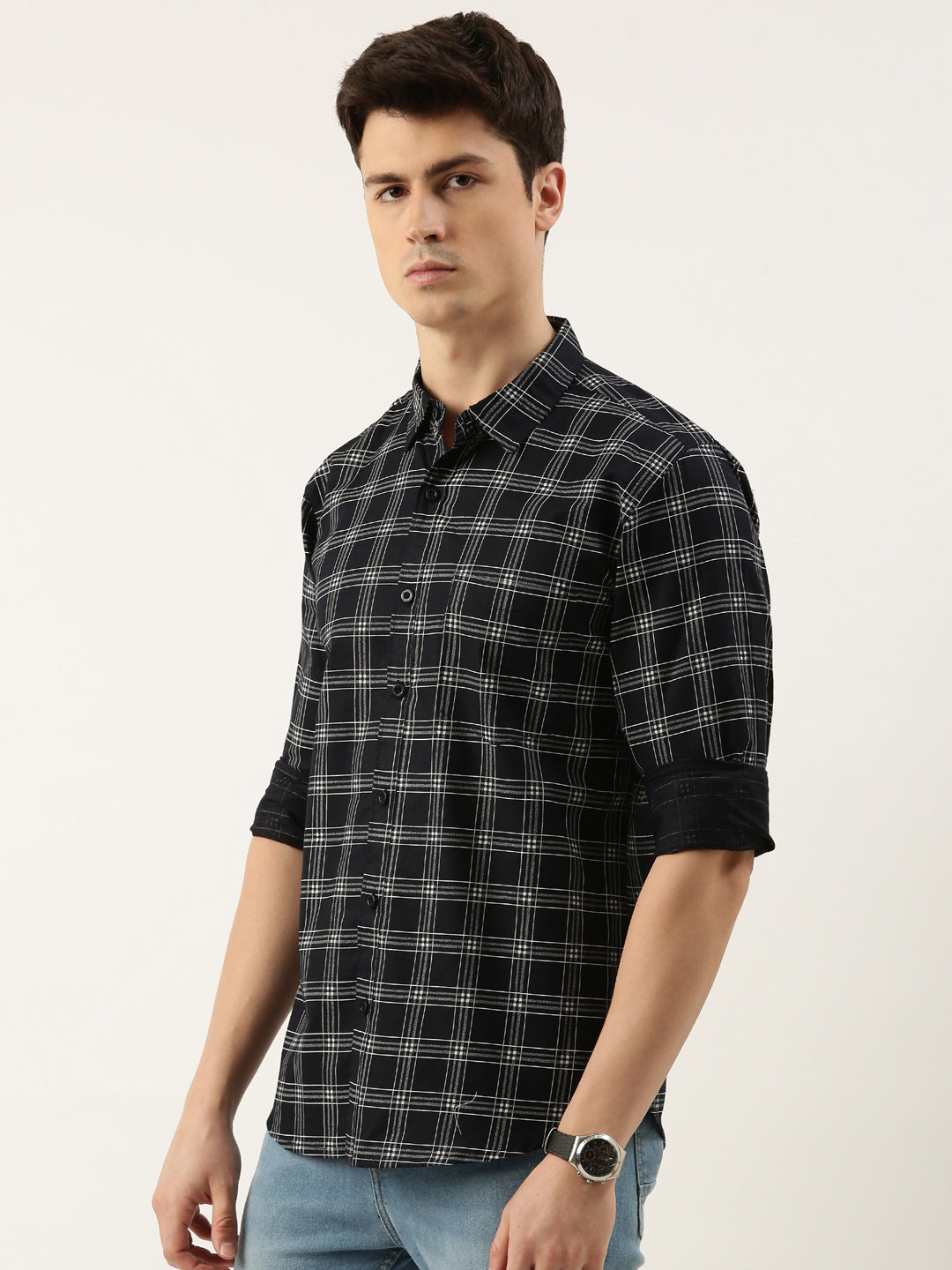 Men Navy Blue Checked Pure Cotton Full Sleeve Casual Shirt