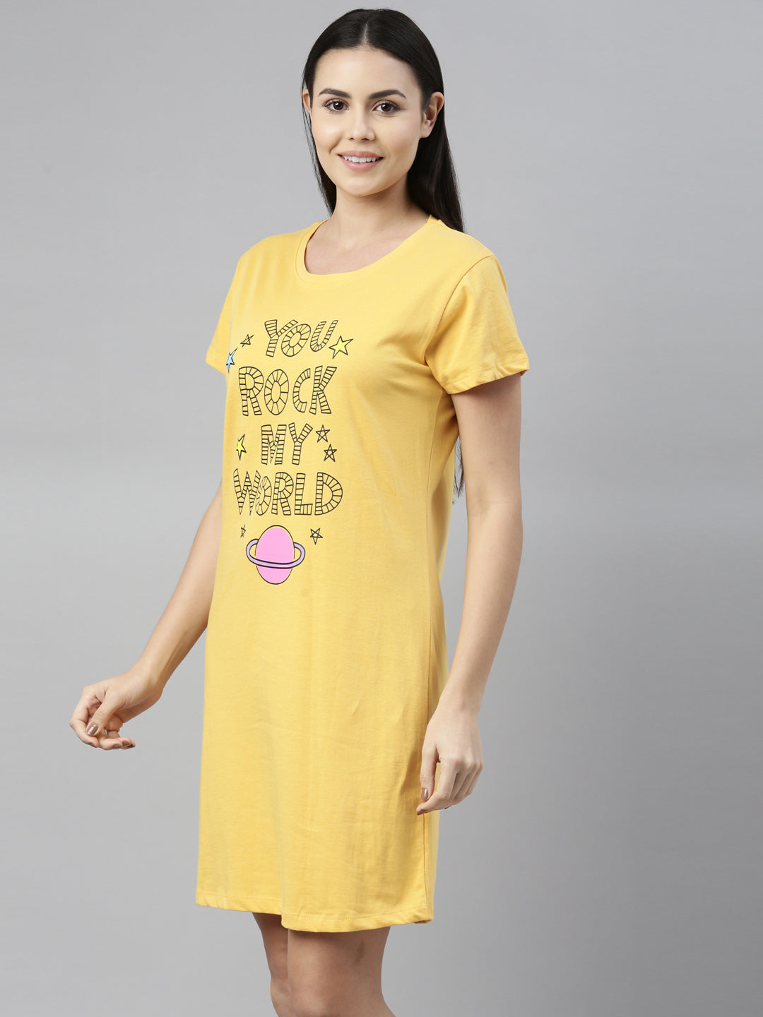 CURARE Women Printed Round Neck Yellow LongTees