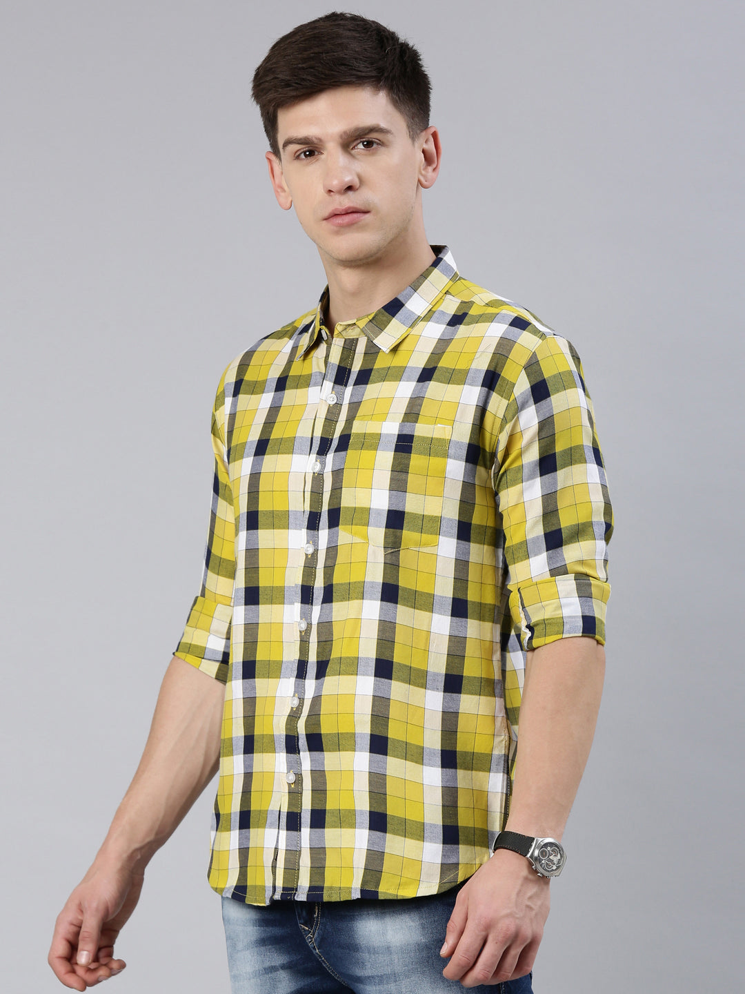 Men Yellow Checked Cotton Blend Casual Full Sleeve Shirt