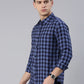 Men Navy Blue and Lavender Checked Cotton Blend Casual Full Sleeve Shirt