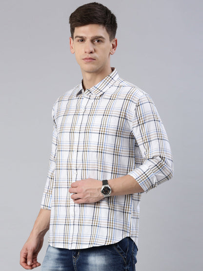 Men White Checked Cotton Blend Casual Full Sleeve Shirt
