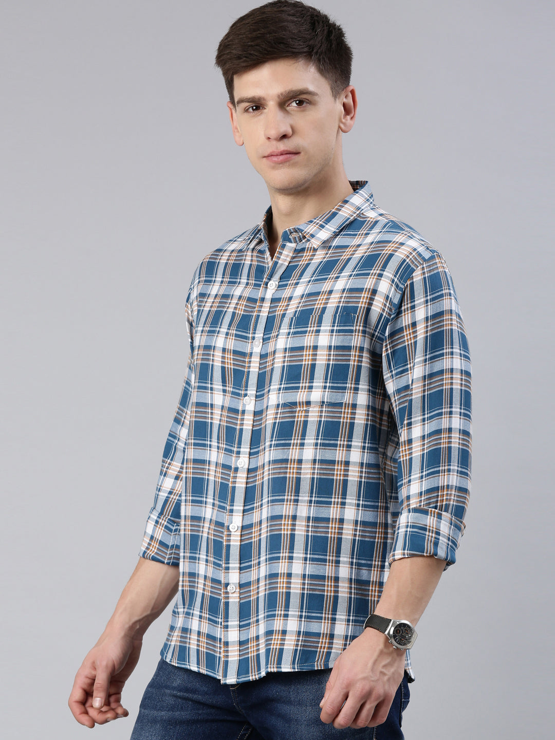Men Blue Checked Cotton Blend Casual Full Sleeve Shirt