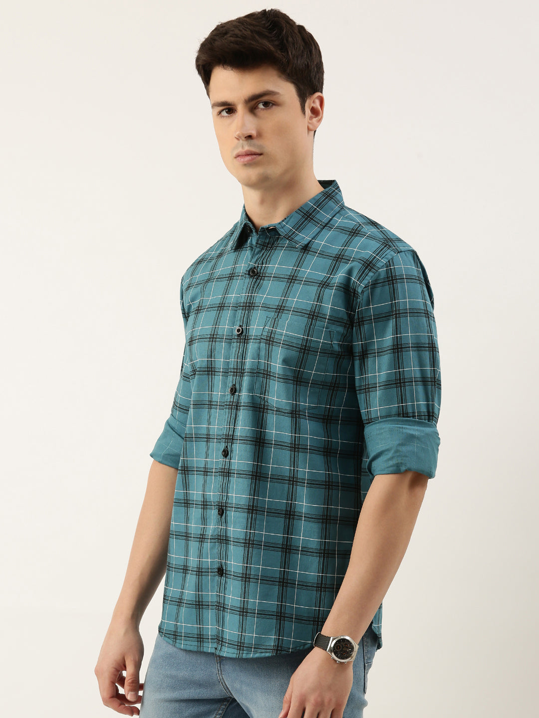 Men Blue Checked Pure Cotton Full Sleeve Casual Shirt
