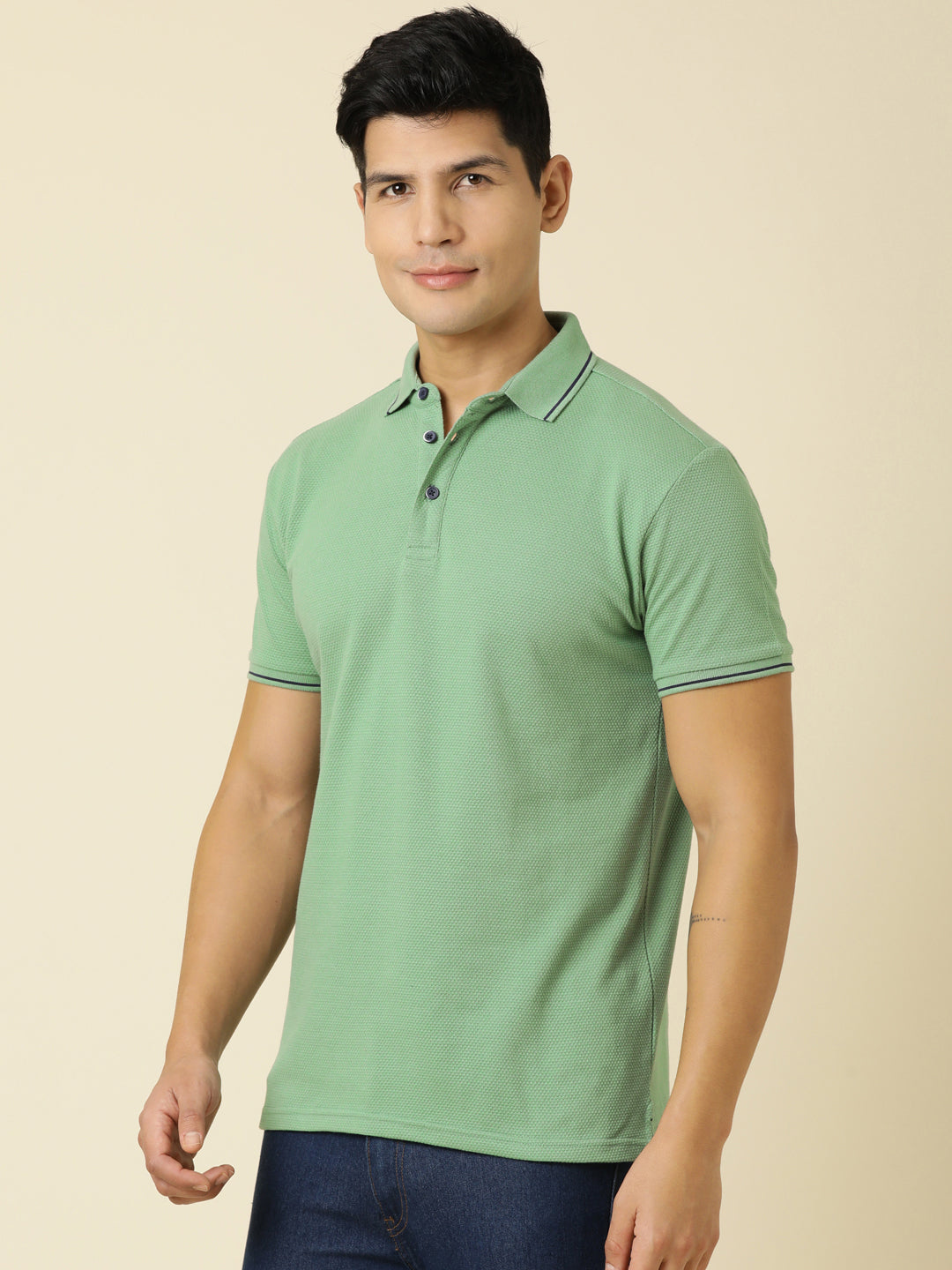Men Solid Polo Neck Granite Green T-Shirt
