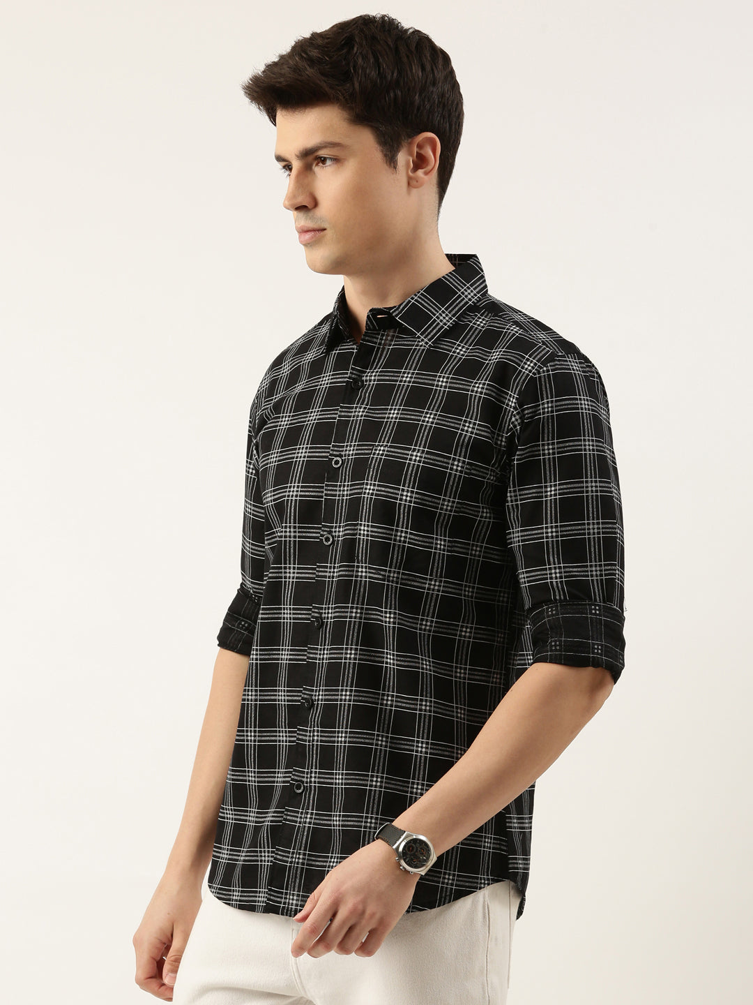 Men Black Checked Pure Cotton Full Sleeve Casual Shirt
