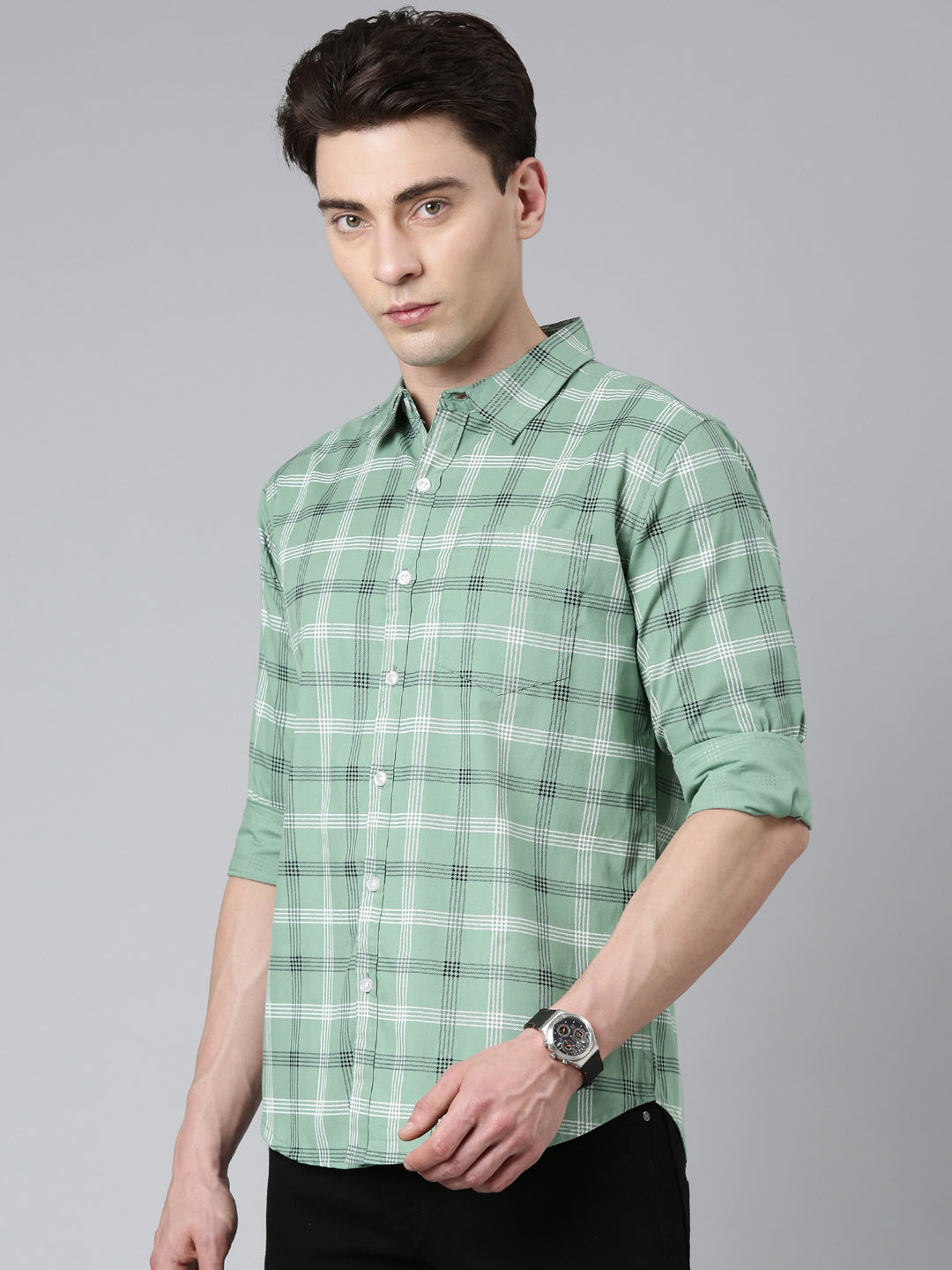 Green Checked Pure Cotton Full Sleeve Shirt