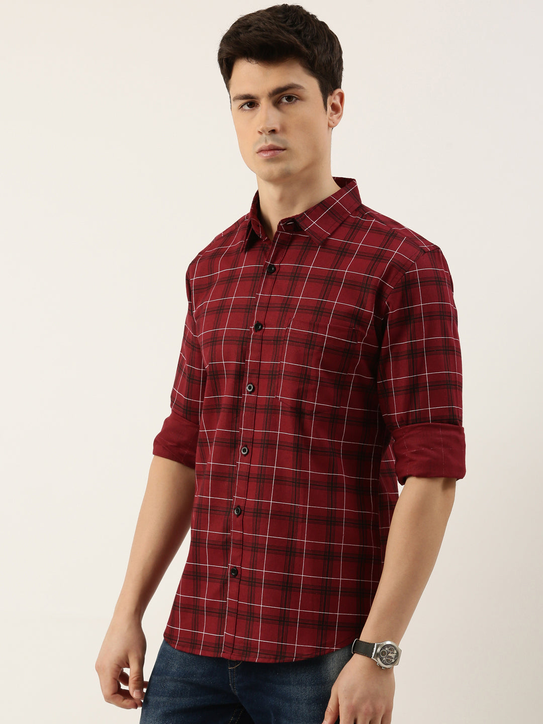 Men Maroon Checked Pure Cotton Full Sleeve Casual Shirt
