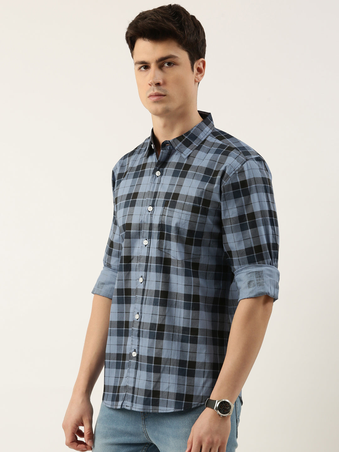 Men Blue Checked Pure Cotton Full Sleeve Casual Shirt