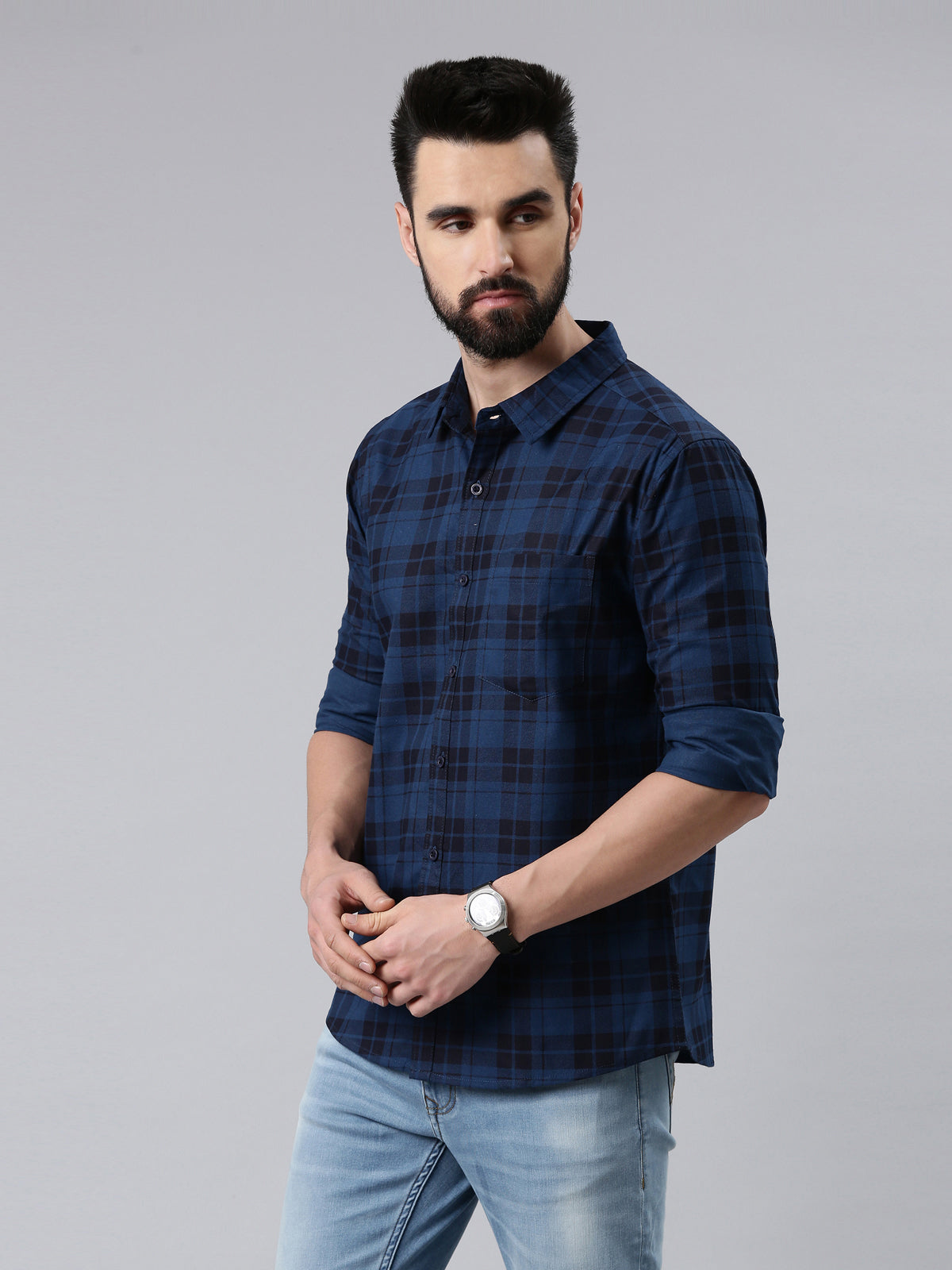 Dark Blue Checked Pure Cotton Casual Full Sleeve Shirt