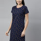 CURARE Women Printed Round Neck Navy Blue LongTees