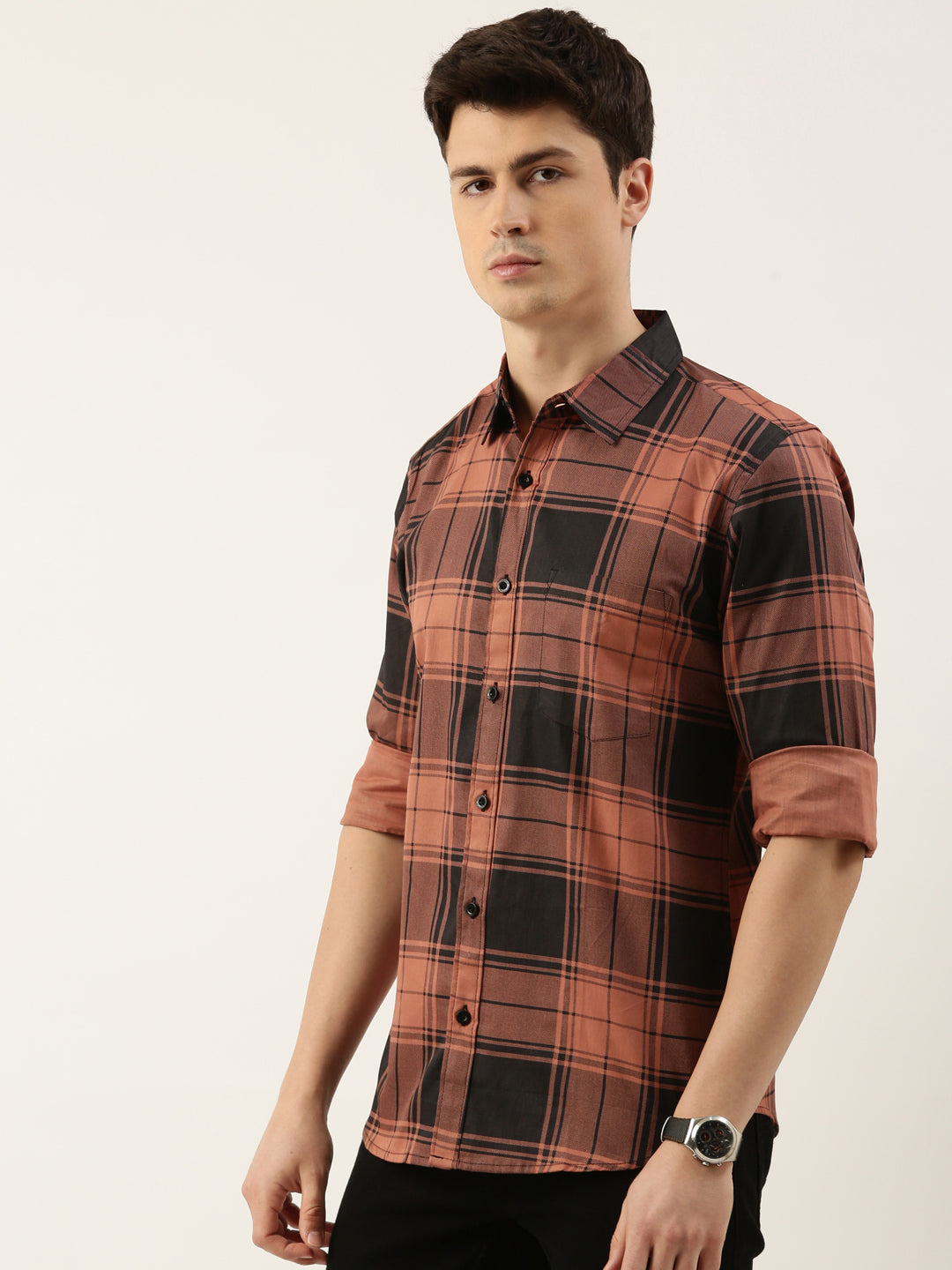 Men Brown and Black Checked Pure Cotton Full Sleeve Casual Shirt