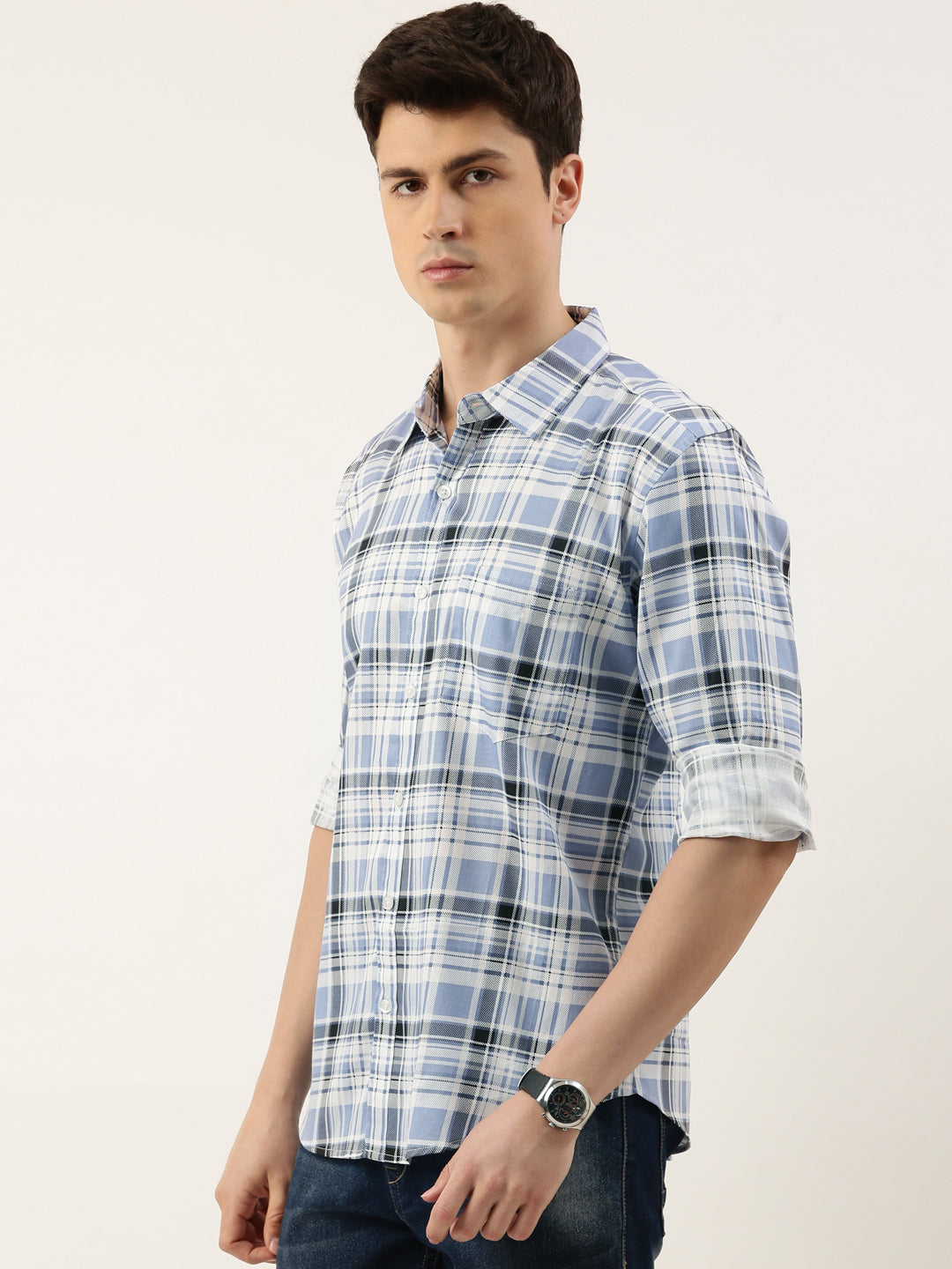 Men Blue Checked Pure Cotton Full Sleeve Casual Shirt
