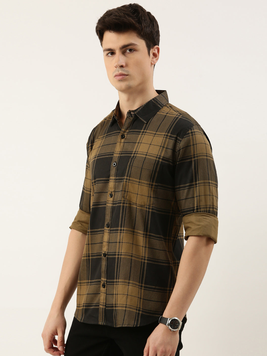 Men Mustard and Black Checked Pure Cotton Full Sleeve Casual Shirt