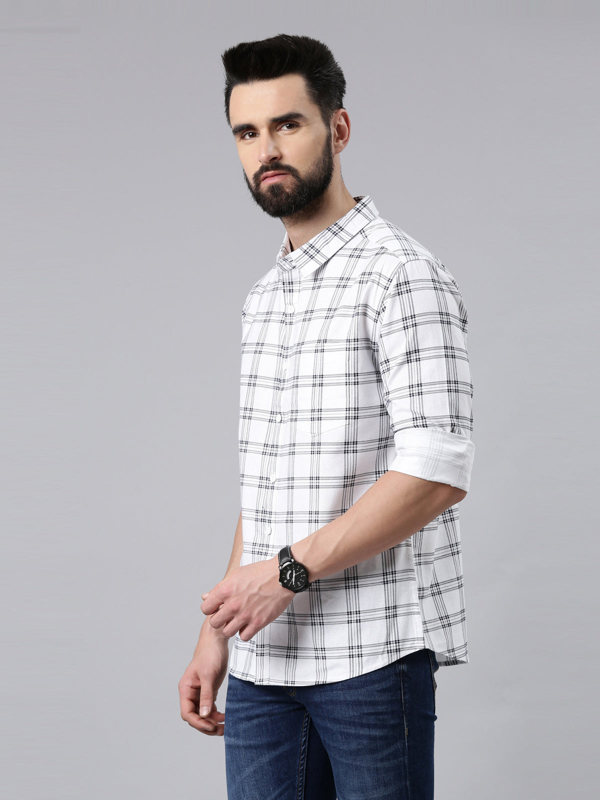 White Checked Pure Cotton Casual Full Sleeve Shirt